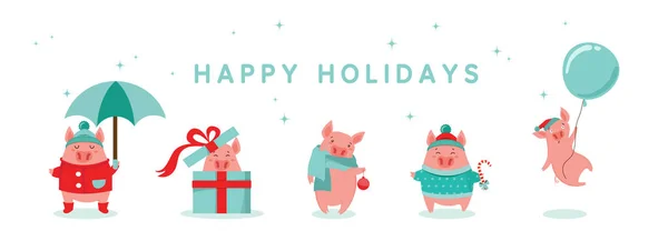 Sevimli kış domuz topluluğu. New 2019 yılınız kutlu olsun. Çince takvim yılında sembolü. Vektör izole illüstrasyon karikatür. — Stok Vektör