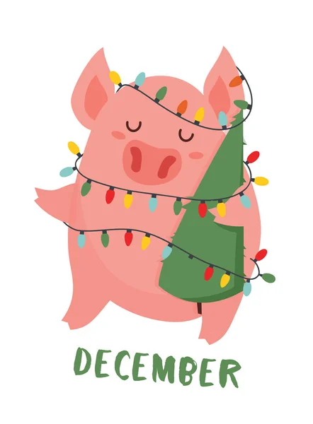 Postal con divertido cerdo sosteniendo árbol de Navidad y luces de Navidad. Año chino del cerdo. Ilustración vectorial colorida - Vector — Archivo Imágenes Vectoriales