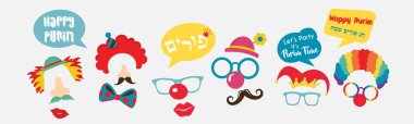 Yahudi tatil Purim maskeleri ve geleneksel sahne için tasarım. Vektör çizim - vektör - mutlu purim tebrik İbranice