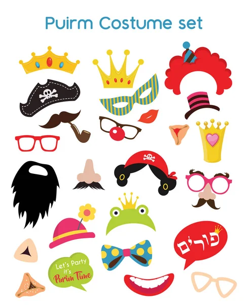 Design para férias judaicas Purim com máscaras e adereços tradicionais. Ilustração vetorial - Saudação purim vetor-feliz em hebraico —  Vetores de Stock