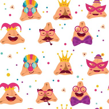 Komik hamantashen - davet - tebrik - vektör ile mutlu Purim karnaval