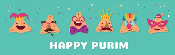 Carnaval de Purim feliz con hamantashen divertido - invitación - saludo - ilustración vectorial — Archivo Imágenes Vectoriales