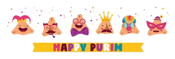 Happy Purim banner con hamantashen divertido - invitación - saludo - vector — Archivo Imágenes Vectoriales