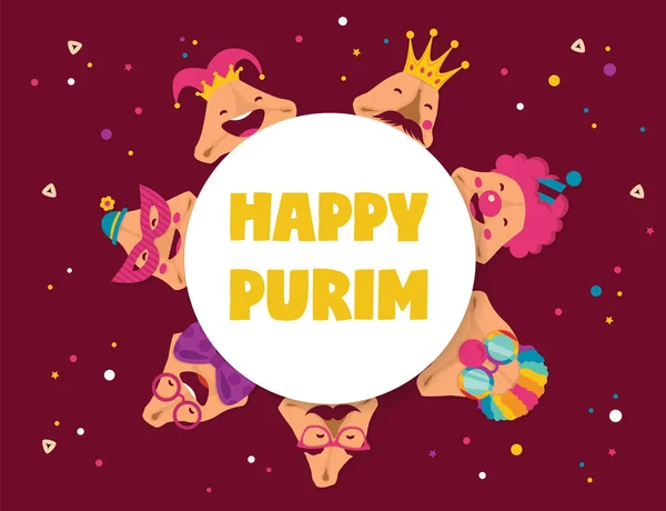 Glad Purim karneval med roliga hamantashen - inbjudan - hälsning - vektor — Stock vektor