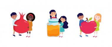 mutlu çocuklar rosh hashana sembolleri, appla, nar ve bal tutan shana tova tebrik kartı. Vektör