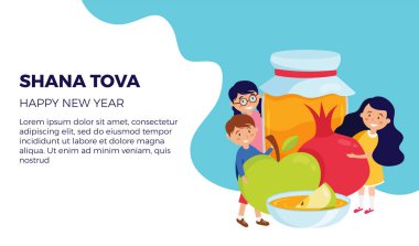mutlu çocuklar rosh hashana sembolleri, appla, nar ve bal tutan shana tova tebrik kartı. Vektör