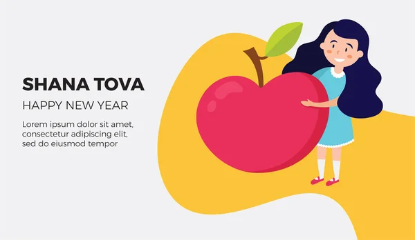 Shana Tova karty z szczęśliwą dziewczyną trzymając Czerwone jabłko. Wektor — Wektor stockowy