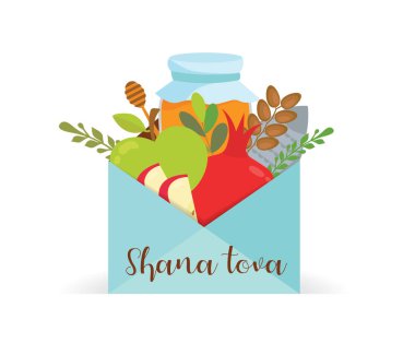 rosh hashana sembolleri ile shana tova tebrik kartı.