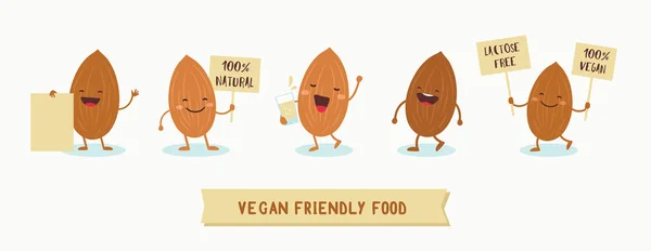 Almendras personajes con carteles que dicen Vegano amigable, 100 por ciento natural, sin lactos. Vector — Vector de stock
