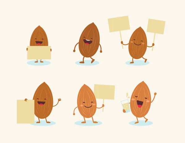 Almendras personajes sonriendo y sosteniendo carteles. Vector — Vector de stock