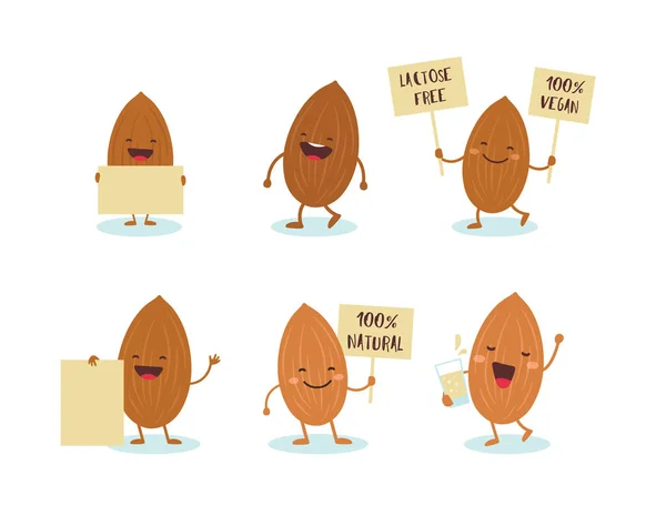 Almonds characters holding signs saying Vegan friendly, 100 percent natural, lactosw free. Vector — Stock Vector