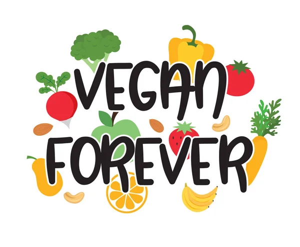 Veganer unterschreiben für immer mit verschiedenen Gemüsesorten und gesunder Ernährung. Vektor — Stockvektor