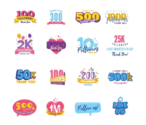 Conjunto de rótulos de seguidores de agradecimento. Belos cartões com letras, como nós e siga-nos ícones. Logos de ilustração vetorial para redes sociais. 10K, 25K, 50K, símbolos 100K . —  Vetores de Stock