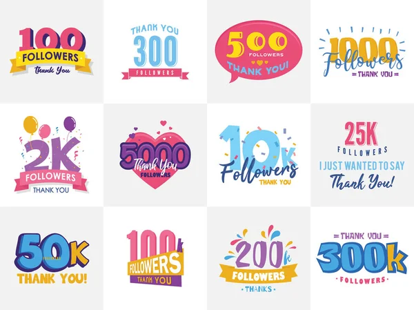 Conjunto de rótulos de seguidores de agradecimento. Belos cartões com letras, como nós e siga-nos ícones. Logos de ilustração vetorial para redes sociais. 10K, 25K, 50K, símbolos 100K . —  Vetores de Stock