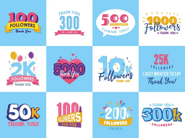 Conjunto de rótulos de seguidores de agradecimento. Belos cartões com letras, como nós e siga-nos ícones. Logos de ilustração vetorial para redes sociais. 10K, 25K, 50K, símbolos 100K . —  Vetores de Stock