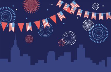 Amerika 'nın bağımsızlığını kutluyoruz. 4 Temmuz kutlamaları. ABD bayraklarıyla dekore edilmiş bir şehir silueti.
