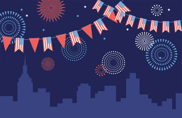 Ημέρα ανεξαρτησίας εορτασμού της Αμερικής. 4η Ιουλίου γιορτή. σπίτι διακοσμημένο με σημαίες ΗΠΑ σε έναν ορίζοντα της πόλης — Διανυσματικό Αρχείο