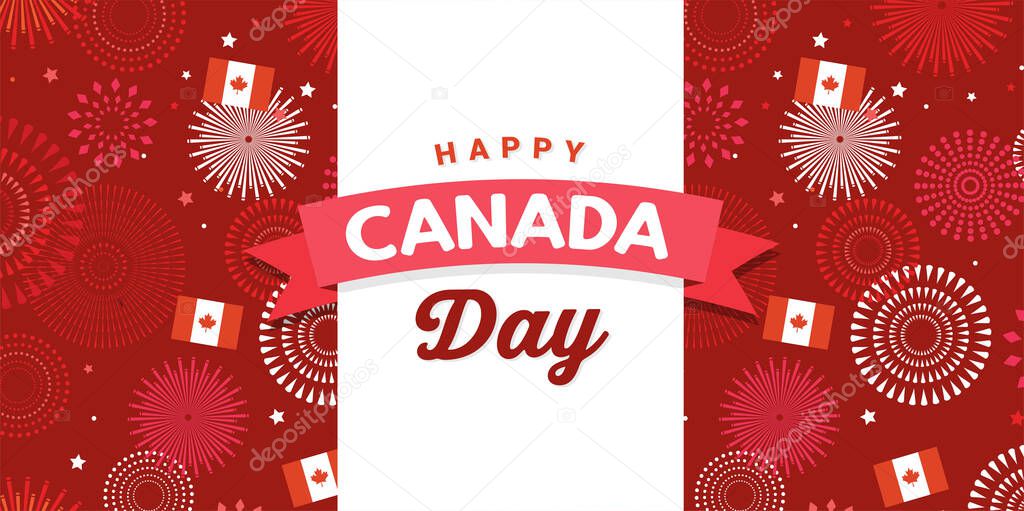 Canada day celebration. Canada Independence Day. 1st of July. Happy Canada Day greeting card. Celebration background with fireworks, flags and text. Vector illustration