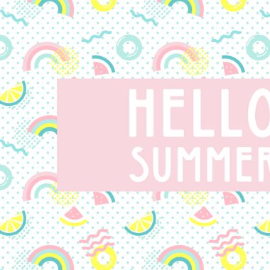 Merhaba soyut yaz kartı. Yaz esprisi duvar kâğıdı ve arka plan. Modaya uygun bir stil. Karpuz, limon ve gökkuşağı vektör tasarımı.