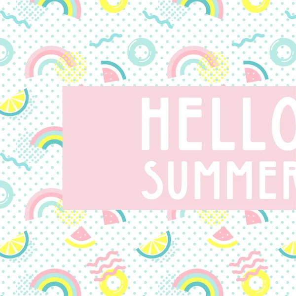Hallo zomer abstracte kaart. Zomer grappig behang en achtergrond. Modieuze styling. Ontwerp van watermeloen, citroen en regenboog vector. — Stockvector