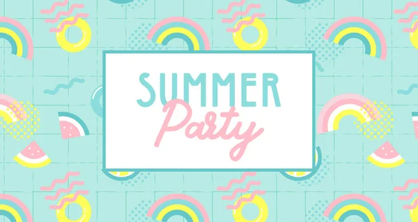 Summer party banner. Summer funny wallpaper in memphis style. Fashionable styling template with watermelon, lemon and rainbow. vector design. — Stock Vector