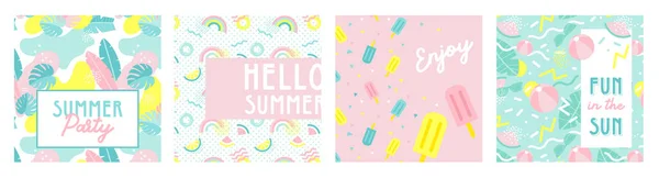 Banner de design e cartão para a temporada de verão. Fundo geométrico abstrato com frutas de verão, folhas tropicais e cena de praia. venda de verão e texto de verão em pano de fundo textura moderna. Ilustração vetorial —  Vetores de Stock