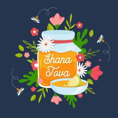 Rosh hashanah Yahudi Yeni Yılı. Yahudi bayramı sembollü tebrik kartı Rosh Hashana, Yeni Yıl. Shana Tova - Mutlu Yıllar. Vektör illüstrasyon tasarımı