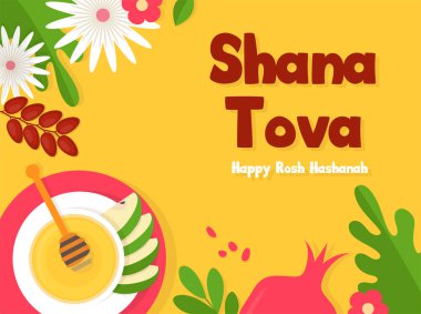 Musevi bayramı simgeleriyle dolu bayrak Rosh Hashana, Yeni Yıl. Shana Tova - Mutlu Yıllar. Vektör illüstrasyon tasarımı