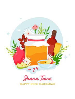 Rosh hashanah Yahudi yeni yıl tebrik kartı tasarımı. Yahudi bayramı sembollü tebrik kartları. Rosh Hashana, Yeni Yıl. Shana Tova - Mutlu Yıllar. Vektör illüstrasyon tasarımı