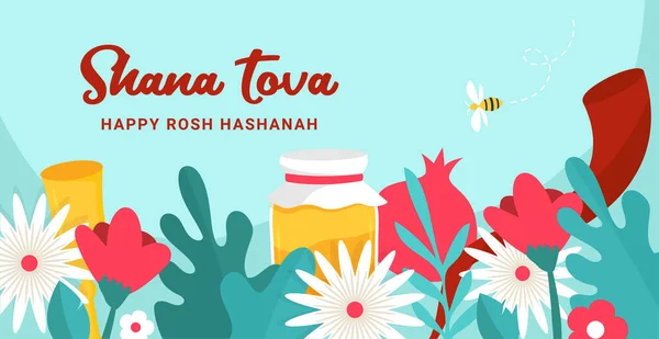 Banner de saludo con símbolos de la fiesta judía Rosh Hashaná, Año Nuevo. Shana Tova - Bendición de feliz año nuevo. Diseño de ilustración vectorial — Vector de stock