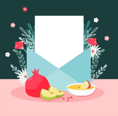 Rosh hashanah Yahudi yeni yıl tebrik kartı seti. Yahudi bayramı sembollü tebrik kartları. Rosh Hashana, Yeni Yıl. Shana Tova - Mutlu Yıllar. Vektör illüstrasyonu