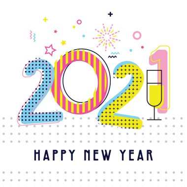 Mutlu yıllar. 2021. Geçmiş tasarımı selamlanıyor. Yeni yıl afişi, sosyal medya promosyon içeriği. Vektör illüstrasyonu