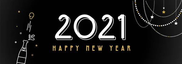 Szczęśliwego Nowego Roku 2021. Baner z dekoracją, szampanem i wyciągniętym korkiem. Blask błyszczące złote przedmioty na czarno do projektów wakacyjnych — Wektor stockowy