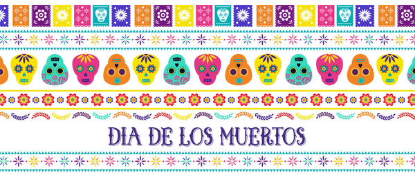 Day of the dead, Dia de los muertos, banner with traditional colorful Mexican icons. Fiesta, holiday poster, party flyer, funny greeting card. Horizontal web banner