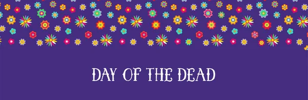 Den mrtvých, Dia de los muertos, prapor s barevnými mexickými květinami. Fiesta, prázdninový plakát, leták, legrační přání k pozdravu. Vodorovný nápis webu — Stockový vektor