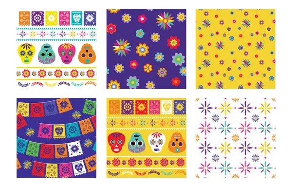 Dagen för de döda, Dia de los muertos, sömlösa mönster med traditionella färgglada mexikanska mönster. Fiesta, semester affisch, fest flygblad, rolig gratulationskort. — Stock vektor