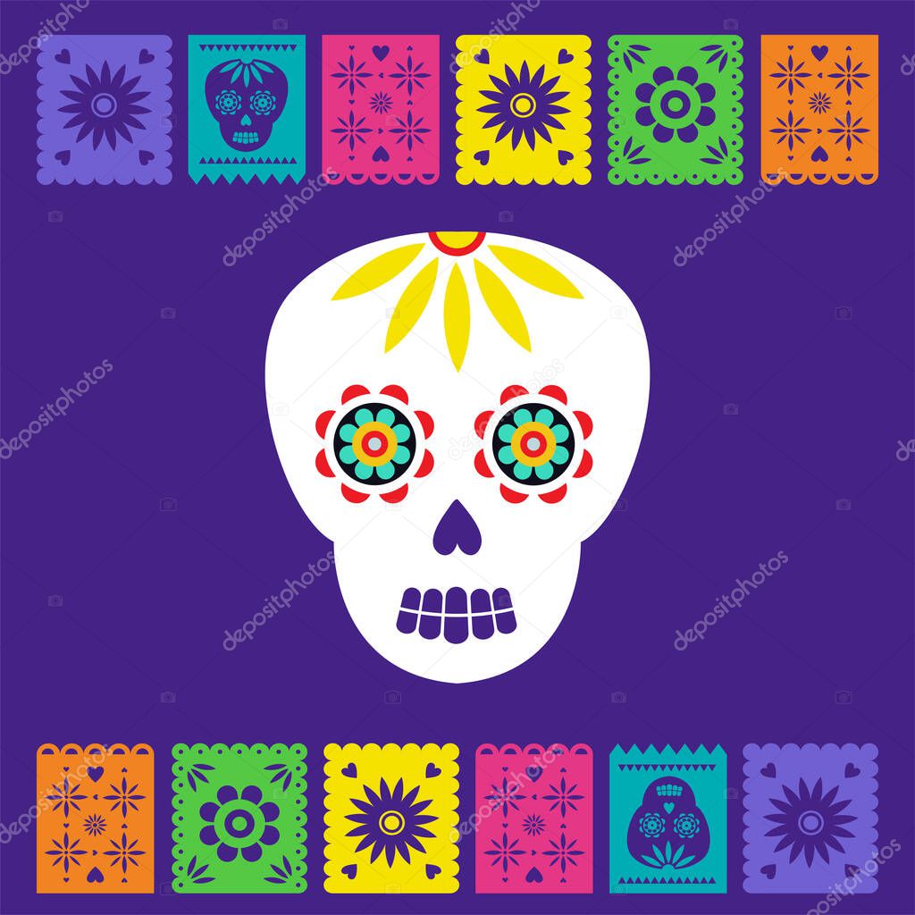 Day of the dead, Dia de los muertos, banner with traditional colorful Mexican icons. Fiesta, holiday poster, party flyer, funny greeting card. Horizontal web banner