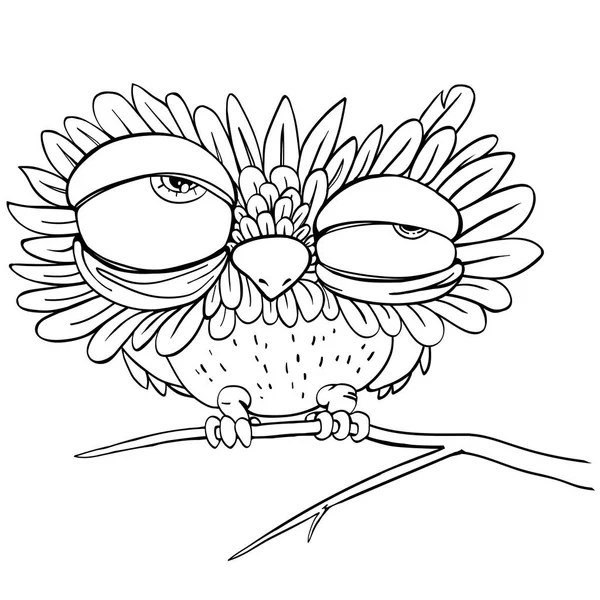 Black line art isolated on white background. A funny sleepy owl sits on a branch.