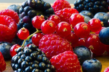 Ahududu, böğürtlen, yaban mersini, kırmızı kuş üzümü. Harika canlı renkler