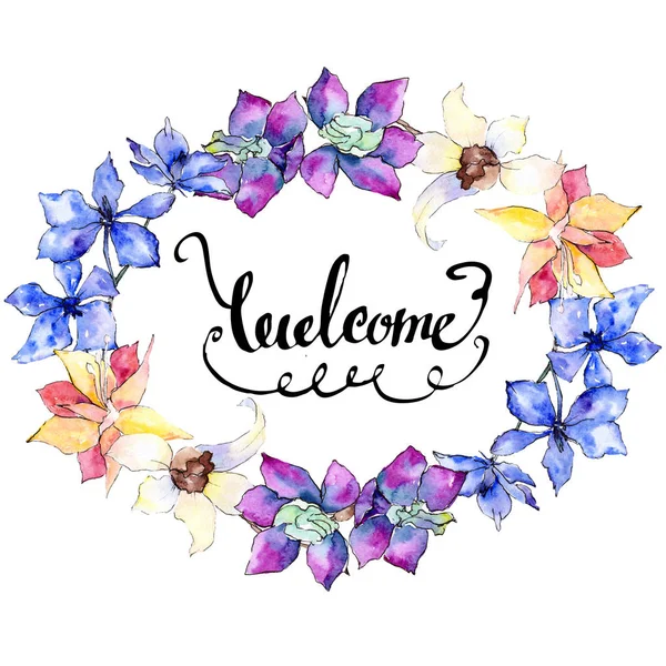 Purple Yellow White Orchid Flowers Welcome Handwriting Monogram Calligraphy Watercolor — Stock Photo, Image