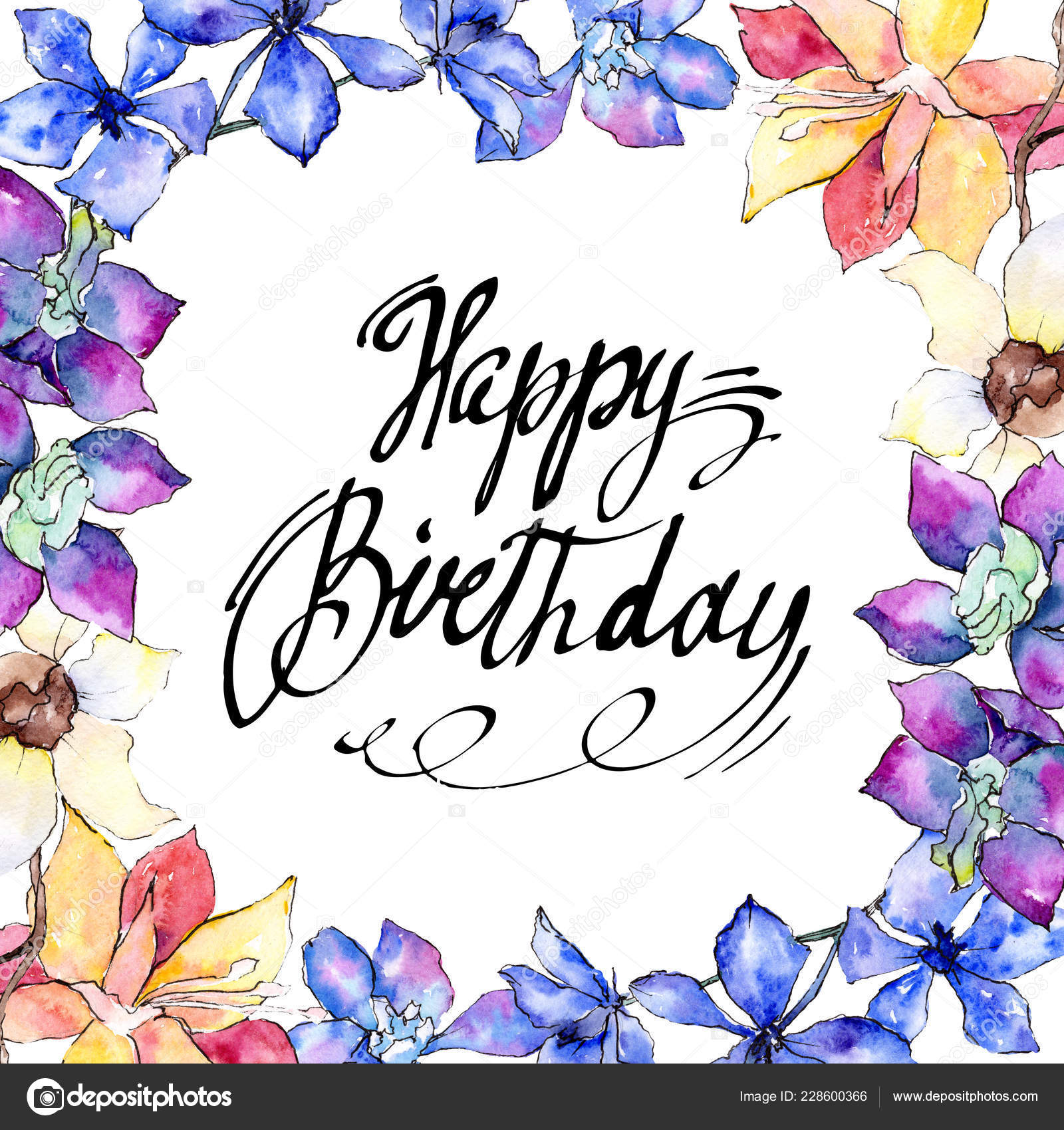 Purple Orchid Flowers Happy Birthday Handwriting Calligraphy Watercolor Background Illustration Stock Photo By C Andreyanush
