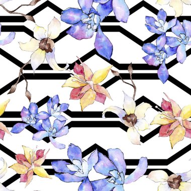 Mor, sarı ve beyaz orkide çiçekler. Sorunsuz arka plan deseni. Kumaş duvar kağıdı yazdırma doku. Suluboya arka plan illüstrasyon.