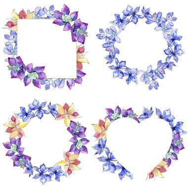 Purple, yellow and white orchid flowers. Watercolor backgrounds illustration set. Frame border ornament wreaths, heart and square. clipart