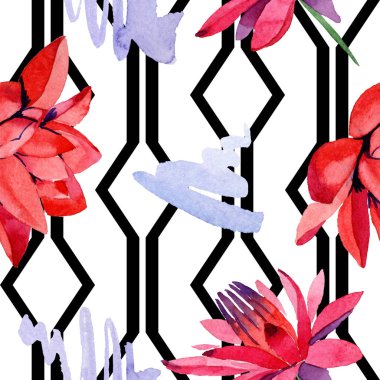 Kırmızı lotus çiçekleri. Suluboya arka plan illüstrasyon. Sorunsuz arka plan deseni. Kumaş duvar kağıdı yazdırma doku.