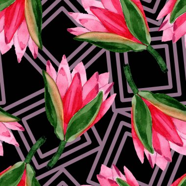 Kırmızı lotus çiçekleri. Suluboya arka plan illüstrasyon. Sorunsuz arka plan deseni. Kumaş duvar kağıdı yazdırma doku.