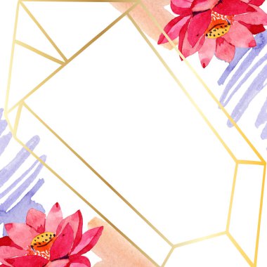 Kırmızı lotus çiçekleri. Suluboya arka plan illüstrasyon. Çerçeve kenarlığı altın kristal. El Aquarell içinde çekilmiş. Geometrik mozaik Çokgen.