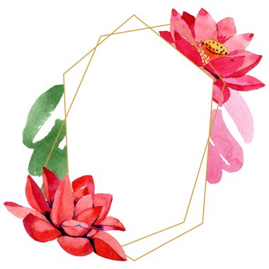 Kırmızı lotus çiçekleri. Suluboya arka plan illüstrasyon. Çerçeve kenarlığı altın kristal. El Aquarell içinde çekilmiş. Geometrik mozaik Çokgen.