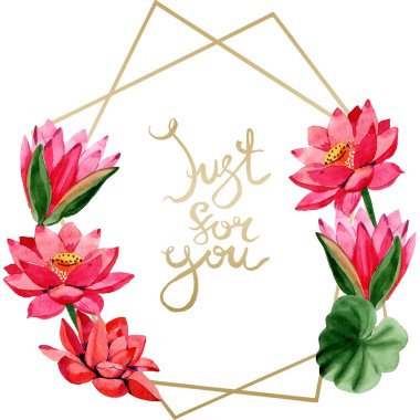 Kırmızı lotus çiçekleri. Sadece senin el yazısı monogram hat için. Suluboya arka plan illüstrasyon. Çerçeve altın crystall çokgen şekli. Elle çizilmiş Aquarell içinde.