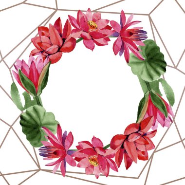 Kırmızı lotus çiçekleri. Suluboya arka plan. Çerçeve kenarlığı süsleme çelenk. El Aquarell içinde çekilmiş. Geometrik Çokgen altın Kristal Mozaik şekli.