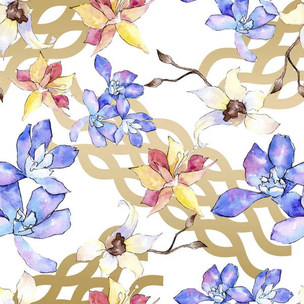 Purple Yellow White Orchid Flowers Seamless Background Pattern Fabric Wallpaper — Free Stock Photo